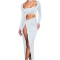 thumbnail image 1 of Olyvenn Womens Cropped Patchwork Split Cocktail Dress Skinny Long Sleeve Prom Dress Fashion Slip Classic Solid House Dress Trendy Square Neck Blouse Tunic Slim Fit Flowy Ball Gown Smocked White 4, 1 of 5