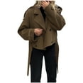 thumbnail image 1 of Olyvenn Womens Cropped Pea Coat Double Breasted Dressy Casual Notched Lapel Wool Blend Overcoat with Belt Jacket Outerwear Brown M, 1 of 7
