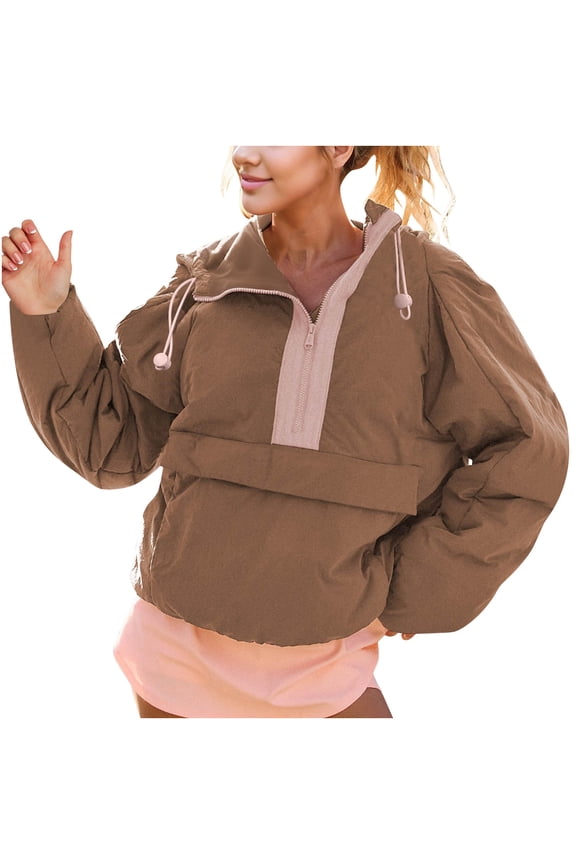 Womens Cropped Pullover Jacket Half Zip Closure Drawstring Hood Relaxed Fit Side Pockets Oversized Sleeve Casual Silhouette Brown L
