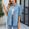 thumbnail image 1 of Olyvenn Womens Denim Shirt Business Casual Button Down Work Blouses Puff Short Sleeve Lapel Neck Summer Tops Blue L, 1 of 8