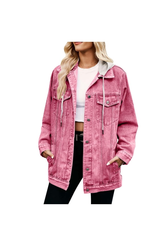 Womens Detachable Hood Lapel Cargo Denim Jacket, Short Length Button Front Dual Chest Pockets Loose Fit for Weekend Getaways Casual Meetups Pink XXL