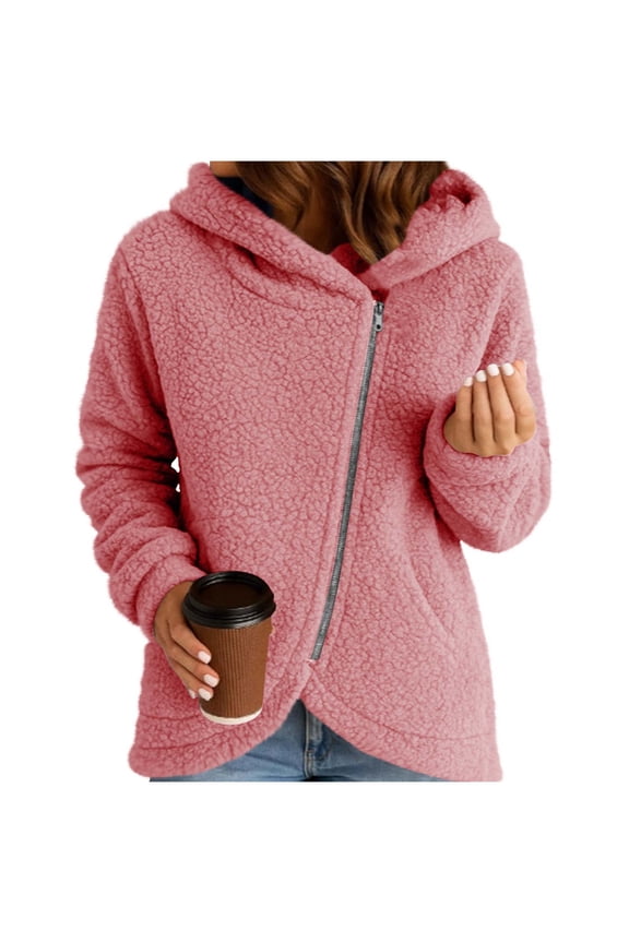 Womens Diagonal Zip Hooded Short Fuzzy Jacket, Long Sleeve Side Hand Pockets Relaxed Fit for Local Errands Backyard Visits Pink XXL