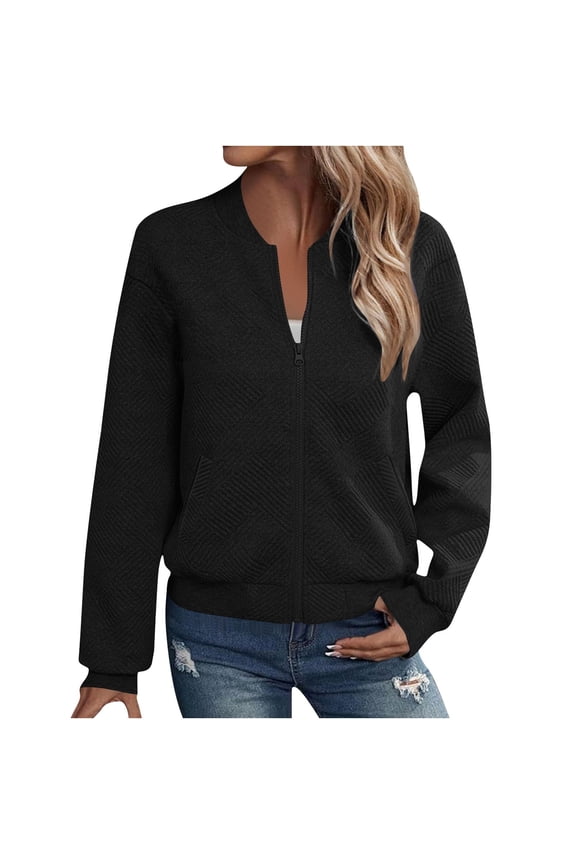 Womens Diamond Embossed Knit Bomber Jacket Partial Zip Stand Collar Side Patch Pockets Cuffed Hem Oversized Fit for Coffee Meetup Neighborhood Stroll Black L