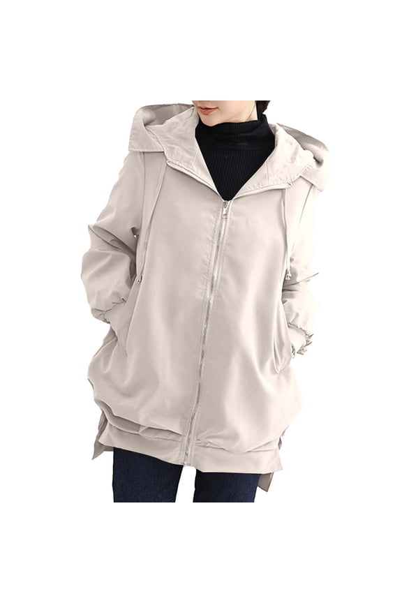Womens Drawstring Hem Hooded Mid Length Wind Shell Jacket, Open Front Side Pockets Elastic Cuff Relaxed Fit for Daily Commute Weekend Getaways Beige L
