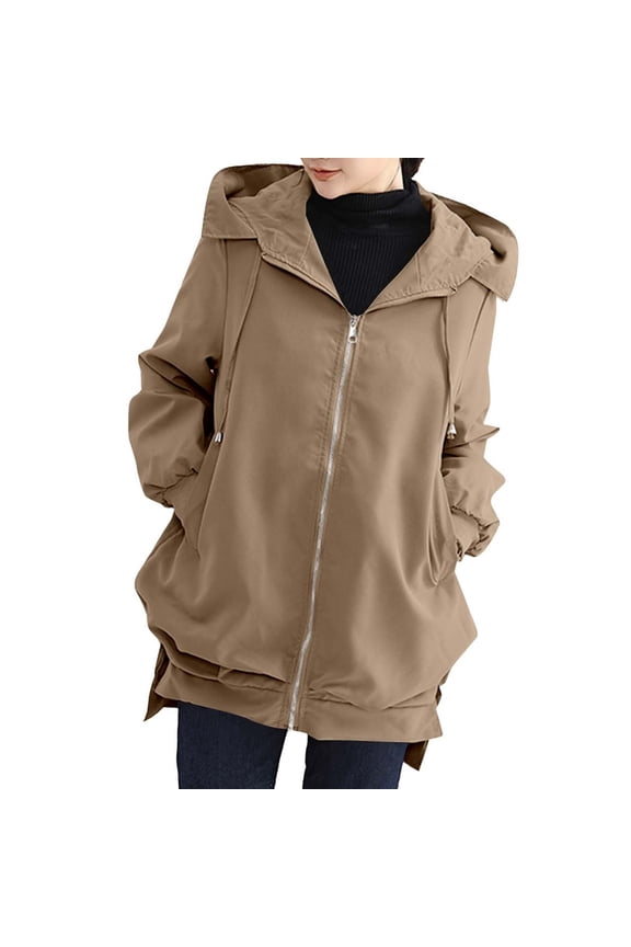 Womens Drawstring Hem Hooded Mid Length Wind Shell Jacket, Open Front Side Pockets Elastic Cuff Relaxed Fit for Daily Commute Weekend Getaways Coffee L