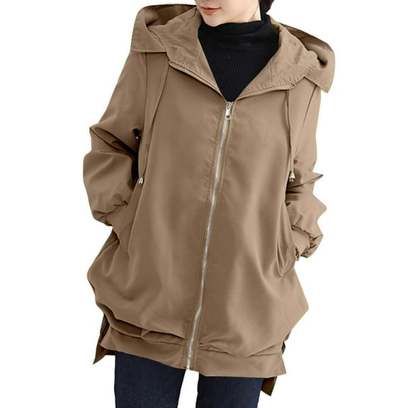 Olyvenn Womens Drawstring Hem Hooded Mid Length Wind Shell Jacket, Open Front Side Pockets Elastic Cuff Relaxed Fit for Daily Commute Weekend Getaways Coffee L