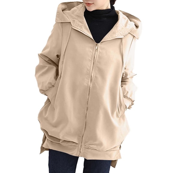 Olyvenn Womens Drawstring Hem Hooded Mid Length Wind Shell Jacket, Open Front Side Pockets Elastic Cuff Relaxed Fit for Daily Commute Weekend Getaways Khaki M