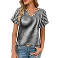 thumbnail image 1 of Olyvenn Womens Dressy Casual Cap Short Sleeve Tops Trendy Summer V Neck Loose Striped Casual Basic T Shirts Tee Blouses Black XXL, 1 of 5