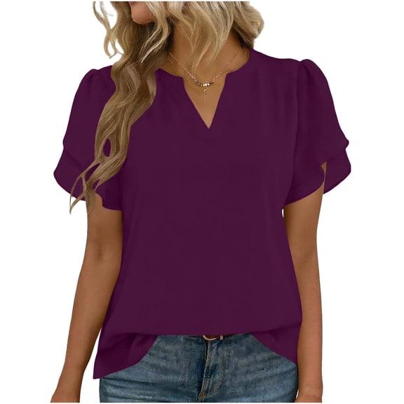 Olyvenn Womens Dressy Chiffon Blouses Fashion Solid Summer Puff Petal Short Sleeve Shirts V Neck Casual Work Tops Purple XL
