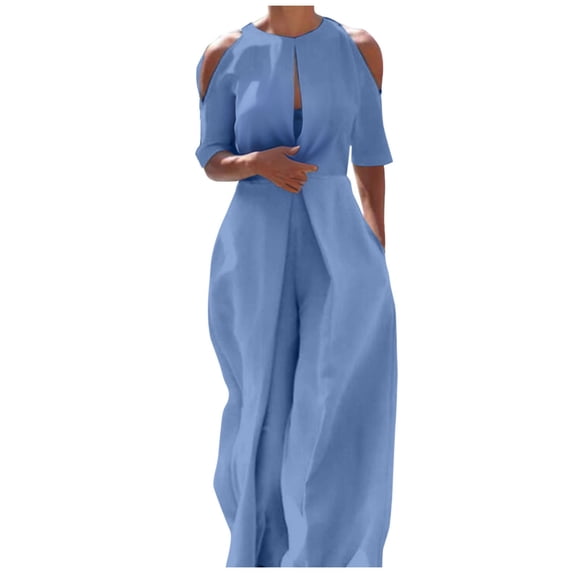 Olyvenn Womens Dressy Jumpsuit Off The Shoulder Halter Neck Jumpsuits Rompers Casual Romper 2025 Solid Wide Leg Pants Overall Blue 12