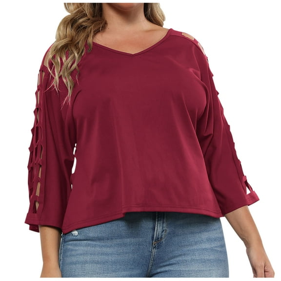 Olyvenn Womens Dressy Plus Size Tops Hollow Out Mesh Short Sleeves Shirts Loose Fit Solid Color Summer Fashion Blouses 2025 Red 12