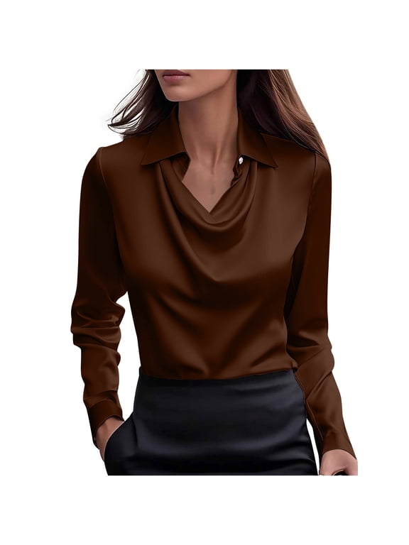Womens Elegant Cowl Neck Satin Blouse Long Sleeve Tops Dressy Business Casual Office Work Silk Shirt Spring Outfits Brown XXL