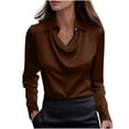 thumbnail image 1 of Olyvenn Womens Elegant Cowl Neck Satin Blouse Long Sleeve Tops Dressy Business Casual Office Work Silk Shirt Spring Outfits Brown XXXL, 1 of 6