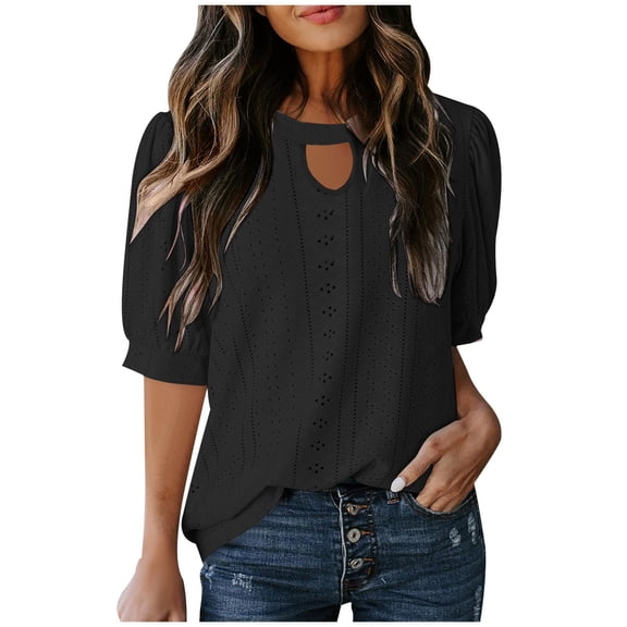 Olyvenn Womens Eyelet Shirts Summer Business Casual Blouses Keyhole Neck Short Sleeve Shirts Hollow Out Cute Lace Tops Black S
