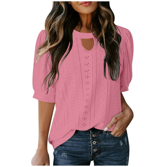 Olyvenn Womens Eyelet Shirts Summer Business Casual Blouses Keyhole Neck Short Sleeve Shirts Hollow Out Cute Lace Tops Hot Pink XL