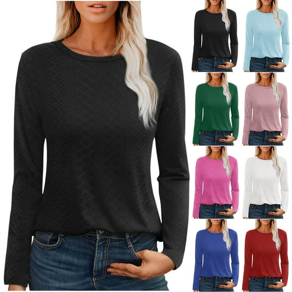 Olyvenn Womens Eyelet T-Shirt Long Sleeve Crew Neck Shirts Casual Basic Tops Tee Shirts Winter Spring Tops 2025 Fashion Black 6