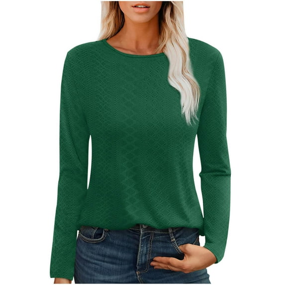Olyvenn Womens Eyelet T-Shirt Long Sleeve Crew Neck Shirts Casual Basic Tops Tee Shirts Winter Spring Tops 2025 Fashion Green 8