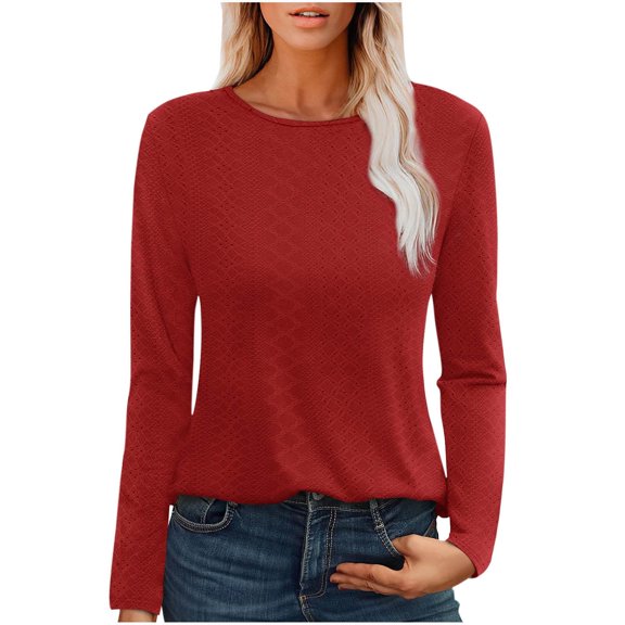 Olyvenn Womens Eyelet T-Shirt Long Sleeve Crew Neck Shirts Casual Basic Tops Tee Shirts Winter Spring Tops 2025 Fashion Red 10