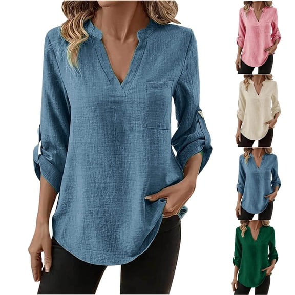 Olyvenn Womens Fall Fashion Tops Casual V Neck Long Sleeve Linen Tunic Shirts Loose Fit Basic Blouses with Pocket Green L