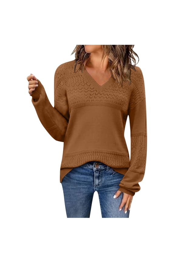 Womens Fall Sweater Casual Long Sleeve Pullover Tops V Neck Lightweight Pullover Ribbed Knit Dressy Tops Coffee L
