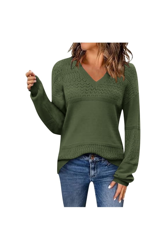 Womens Fall Sweater Casual Long Sleeve Pullover Tops V Neck Lightweight Pullover Ribbed Knit Dressy Tops Green XXL