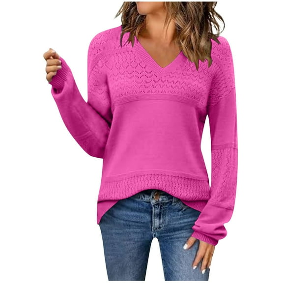 Olyvenn Womens Fall Sweater Casual Long Sleeve Pullover Tops V Neck Lightweight Pullover Ribbed Knit Dressy Tops Hot Pink XXXL