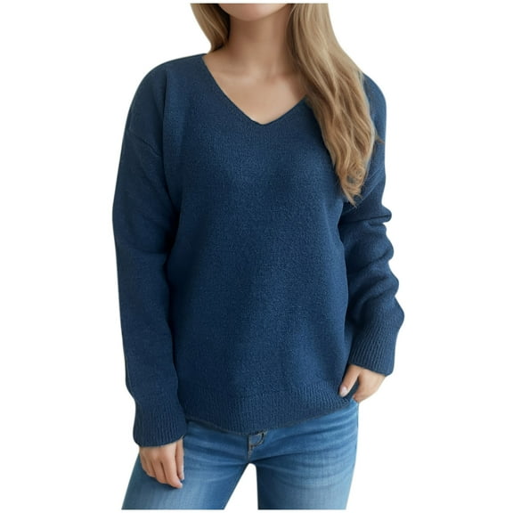 Olyvenn Womens Fall Sweaters Solid Long Sleeve Crew Neck Knitted Jumper Tops Lightweight Casual Loose Pullover Sweater Navy M