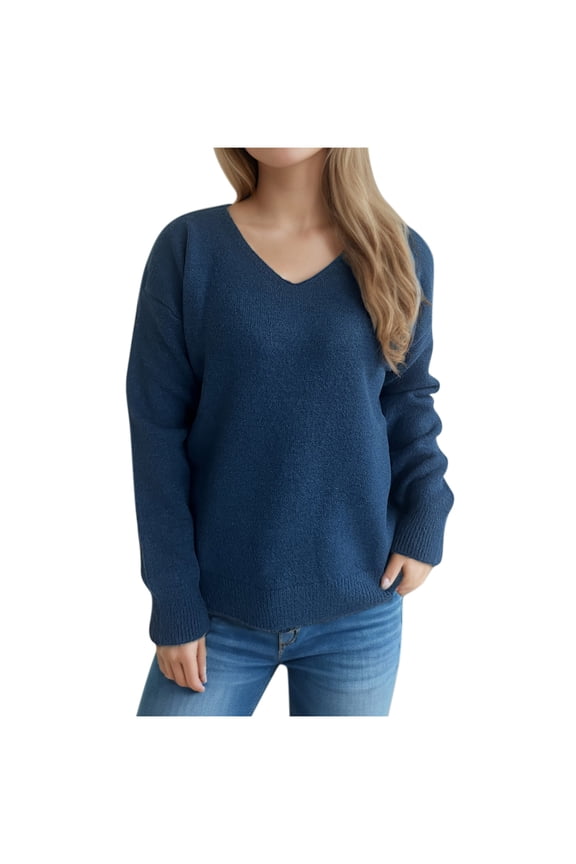 Womens Fall Sweaters Solid Long Sleeve Crew Neck Knitted Jumper Tops Lightweight Casual Loose Pullover Sweater Navy M