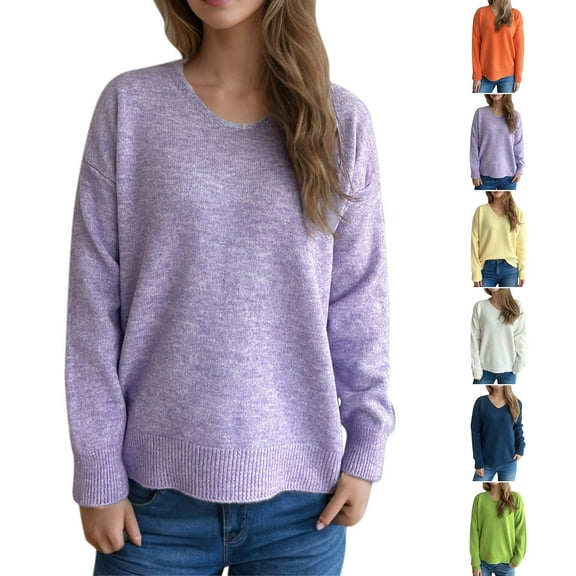 Olyvenn Womens Fall Sweaters Solid Long Sleeve Crew Neck Knitted Jumper Tops Lightweight Casual Loose Pullover Sweater Orange S