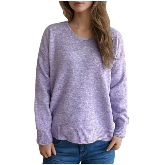 Olyvenn Womens Fall Sweaters Solid Long Sleeve Crew Neck Knitted Jumper Tops Lightweight Casual Loose Pullover Sweater Purple M