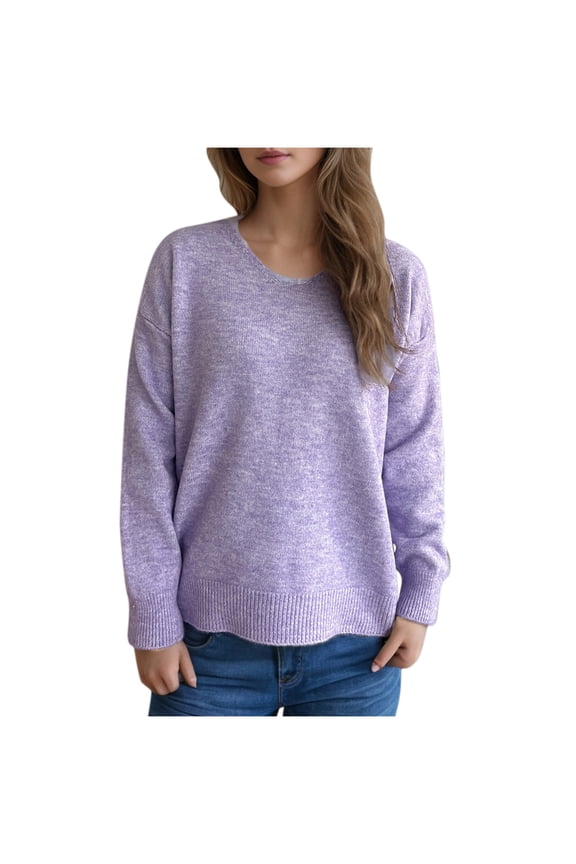 Womens Fall Sweaters Solid Long Sleeve Crew Neck Knitted Jumper Tops Lightweight Casual Loose Pullover Sweater Purple S