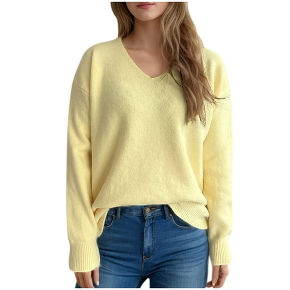 Olyvenn Womens Fall Sweaters Solid Long Sleeve Crew Neck Knitted Jumper Tops Lightweight Casual Loose Pullover Sweater Yellow S