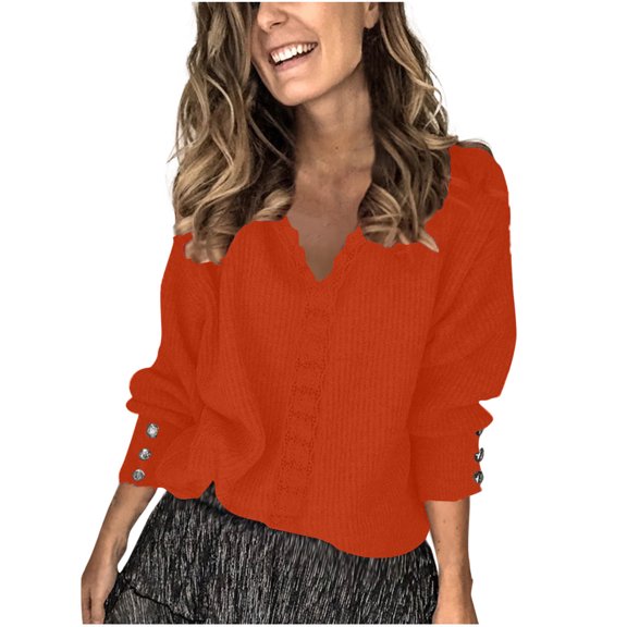 Olyvenn Womens Fall Sweaters Trendy Fashion Long Sleeve Knitted Tops V Neck Solid Loose Fitting Winter Pullover Tops Orange XXL