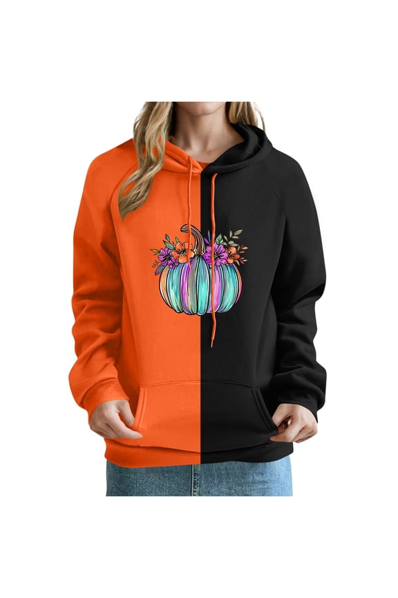 Womens Fall Winter Oversized Hoodies Fleece Sweatshirts Funny Thanksgiving Floral Pumpkin Graphic Long Sleeve Pullover with Pocket Orange L