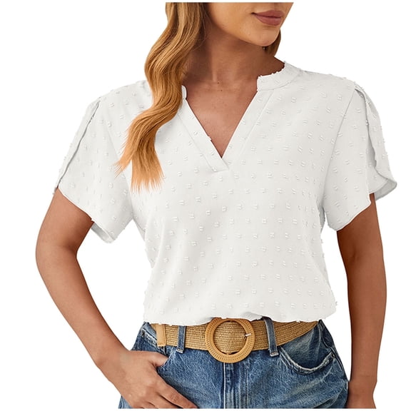 Olyvenn Womens Fashion 2025 V-Neck Crochet Pom Pom T-Shirts Casual Flowy Shorts Sleeve Dressy Tops Lightweight Tunics Blouse White 4