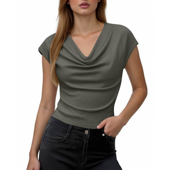 Olyvenn Womens Fashion Cowl Neck Top for Women Dressy Short Sleeve Shirt Summer Top 2026 Casual Ladies Top Blouses Gray S