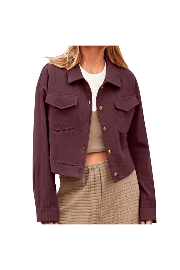 Womens Fashion Cropped Corduroy Shackets Button Down Lapel Jackets Tops Fall Trendy Long Sleeve Jackets with Pockets Wine S