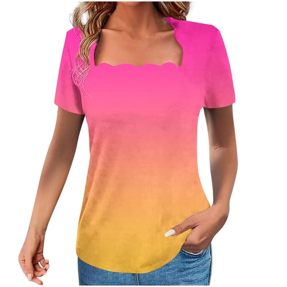 Olyvenn Womens Fashion Tops 2025 New Wave Square Neck T-Shirts Short Sleeves Gradient Color Tunic Top Casual Tee Blouses Hot Pink S