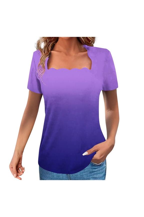 Womens Fashion Tops 2025 New Wave Square Neck T-Shirts Short Sleeves Gradient Color Tunic Top Casual Tee Blouses Purple S