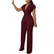 Olyvenn Womens Fashion Women Casual Cold Shoulder Jumpsuit Solid Suspender Jumpsuits Wide Leg Pant Yoga Boho Playsuits for Women Summer Dressy 2023 Trendy Workout Rompers Overalls Red 12
