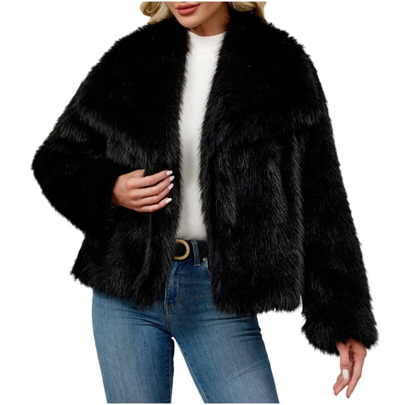 Olyvenn Womens Faux Fur Coat Cropped Fluffy Shaggy Jacket Long Sleeve Lapel Winter Fuzzy Plush Coat Outwear Overcoat Black XL