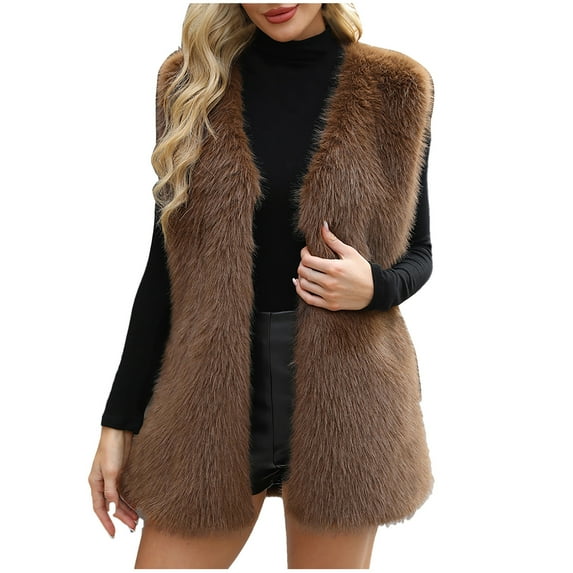Olyvenn Womens Faux Fur Vest Winter Warm Short Coat Fluffy Shaggy Sleeveless Jacket Fashion Casual Fuzzy Outerwear Coffee M