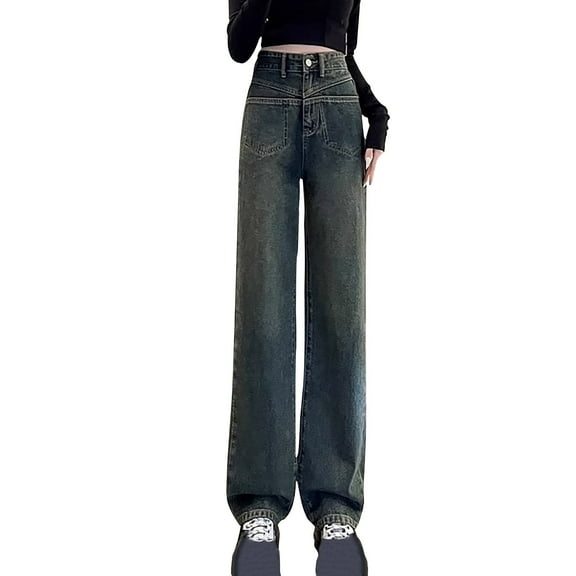 Olyvenn Womens Flare Jeans High Waisted Wide Leg Baggy Jean for Women Stretch Denim Pants Straight Leg Pants Designer Denim Trousers Blue M