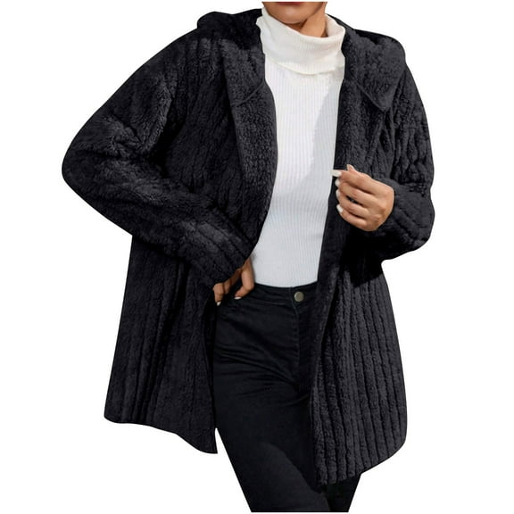 Olyvenn Womens Fleece Jacket Hooded Winter Warm Full Zip up Long Sleeve Sherpa Jacket Coat Outerwear with Hood Black XL