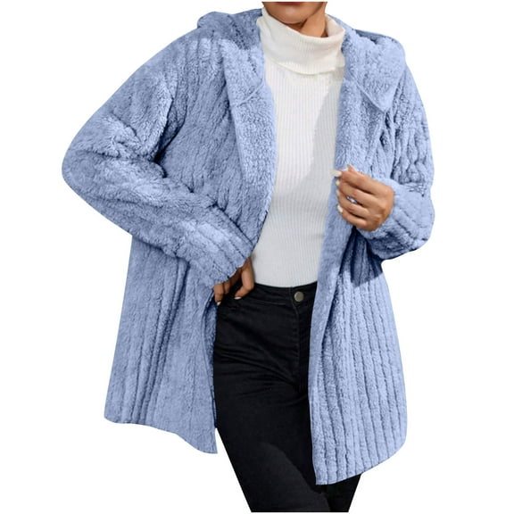Olyvenn Womens Fleece Jacket Hooded Winter Warm Full Zip up Long Sleeve Sherpa Jacket Coat Outerwear with Hood Light Blue S