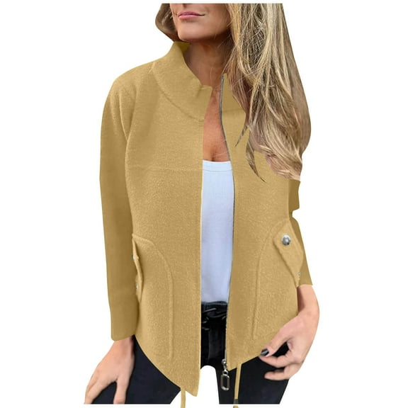 Olyvenn Womens Fleece Jacket Zip Up Cropped Casual Long Sleeve Faux Fur Jackets Stand Collar Lightweight Fall Outwear Coat Yellow XL