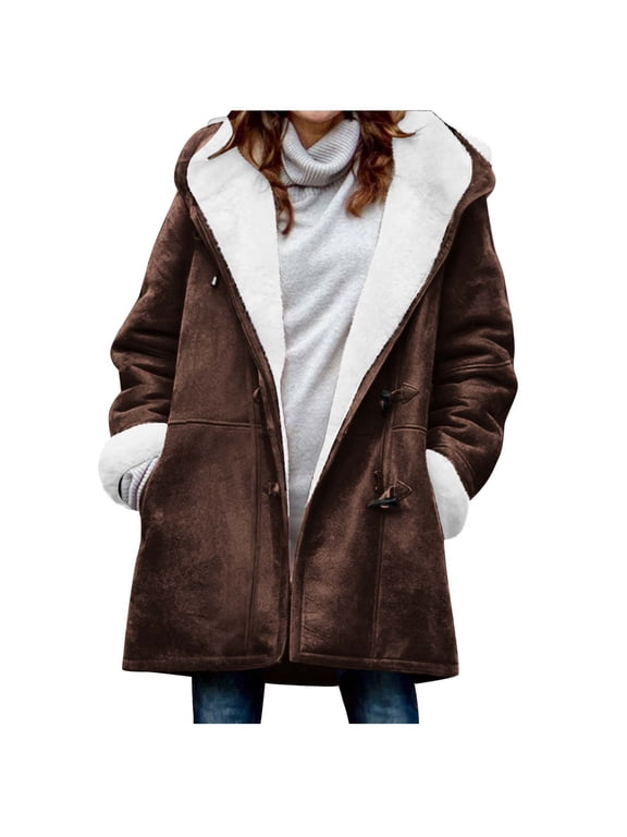 Womens Fleece Lined Hooded Duffle Coat Toggle Closure Side Hand Pockets Straight Mid Length Warm Fit for Ski Trip Winter Festival Brown XXXXXL