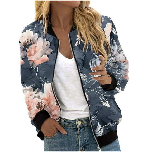 Olyvenn Womens Floral Bomber Jacket 2024 Casual Coat Fall Fashion Lightweight Zip Up Long Sleeve Outerwear Windbreaker with Pocket Khaki XXXL