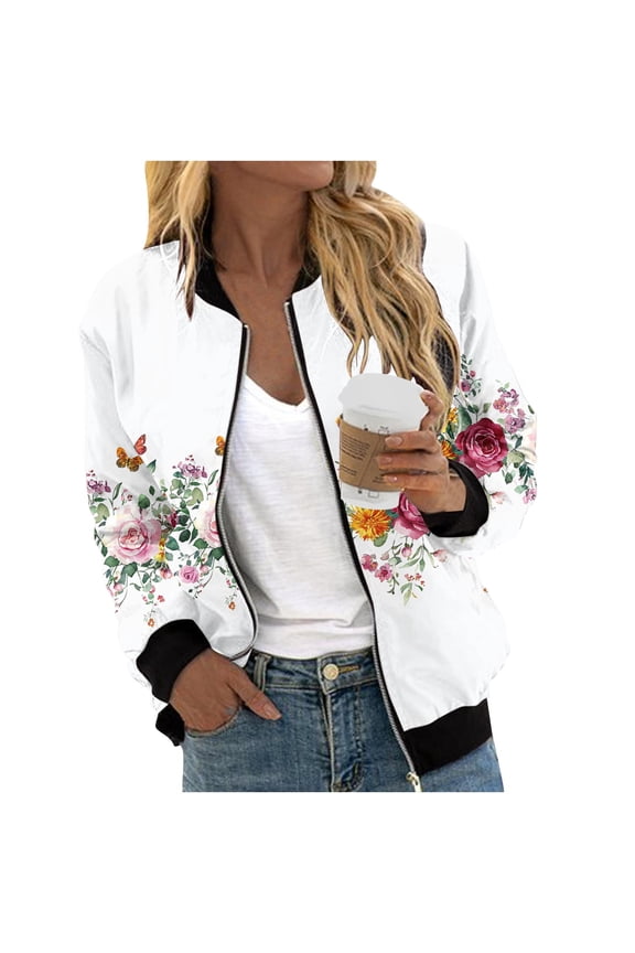 Womens Floral Butterfly Print Bomber Jacket Ribbed Edge Zip Front Hand Pockets Straight Relaxed Cut for Brunch Date Market Visit White M