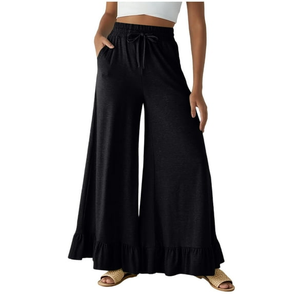 Olyvenn Womens Flowing Beach Pants Elastic Casual Wide Leg Palazzo Pants Smocked High Waist Work Slack Flowy Beach Trousers Black L